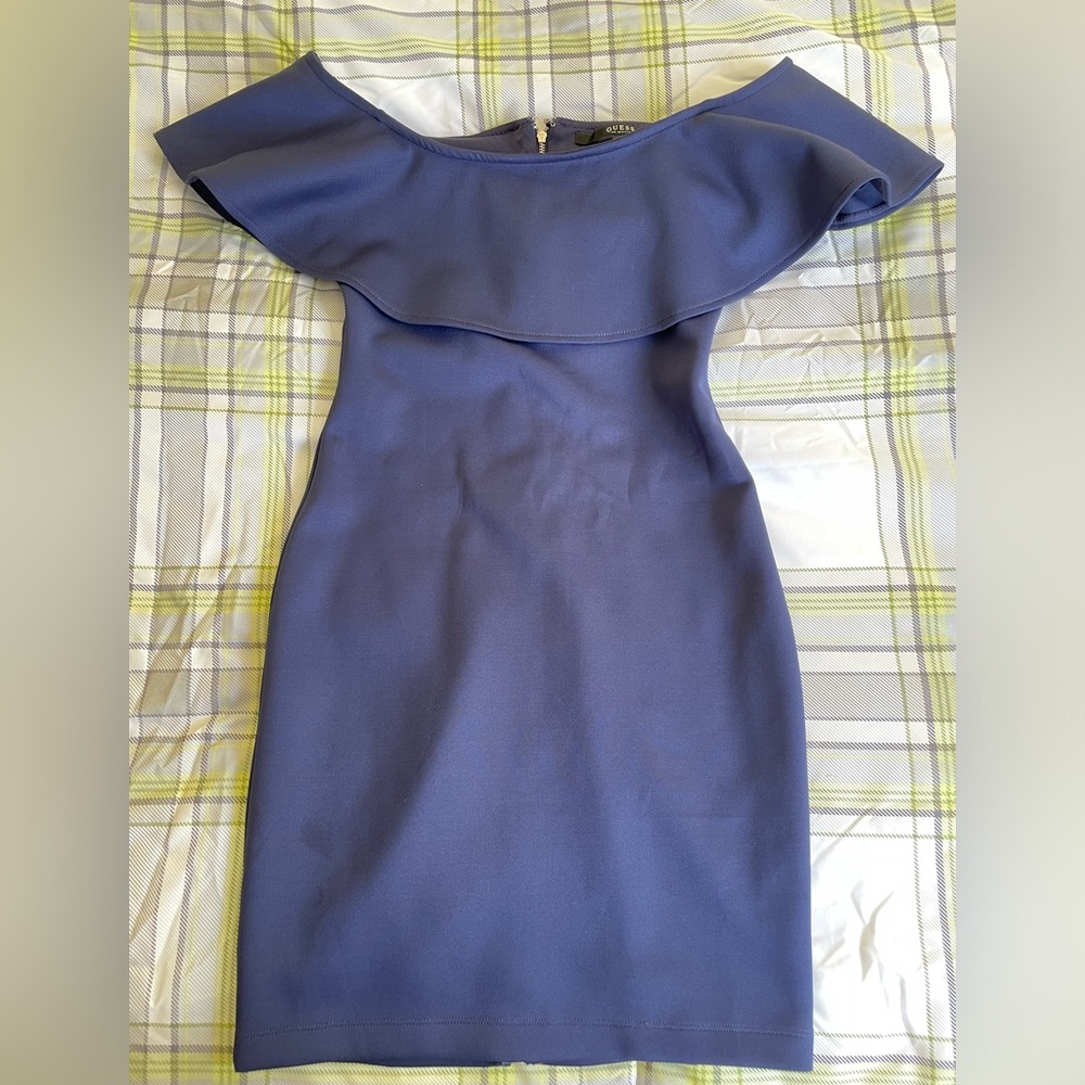 Midi dress, off shoulder, zip up back,navy blue, SIZE XS, worn once,Guess brand.
